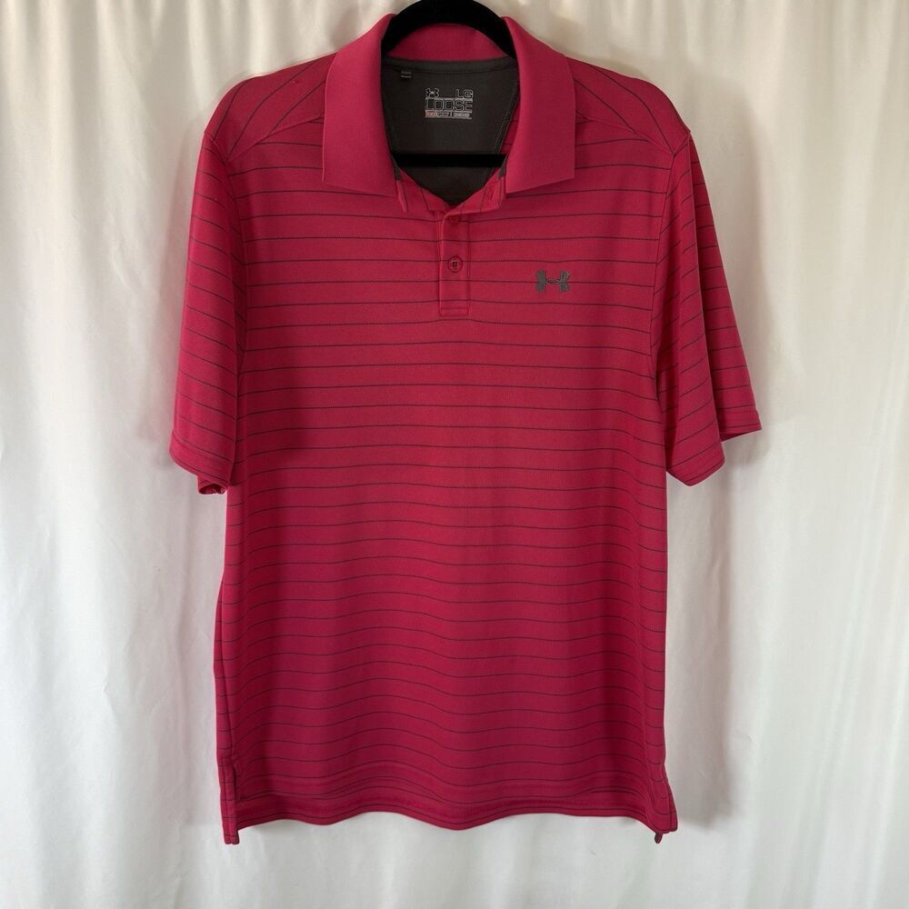 Under Armour Polo Shirt Men's Large Pink Striped Short Sleeve Loose Heat Gear